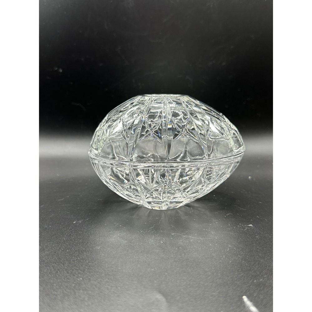 Vintage Cut Glass Egg Trinket Box Clear Crystal Starburst Jewelry Dish 4.5 Inch